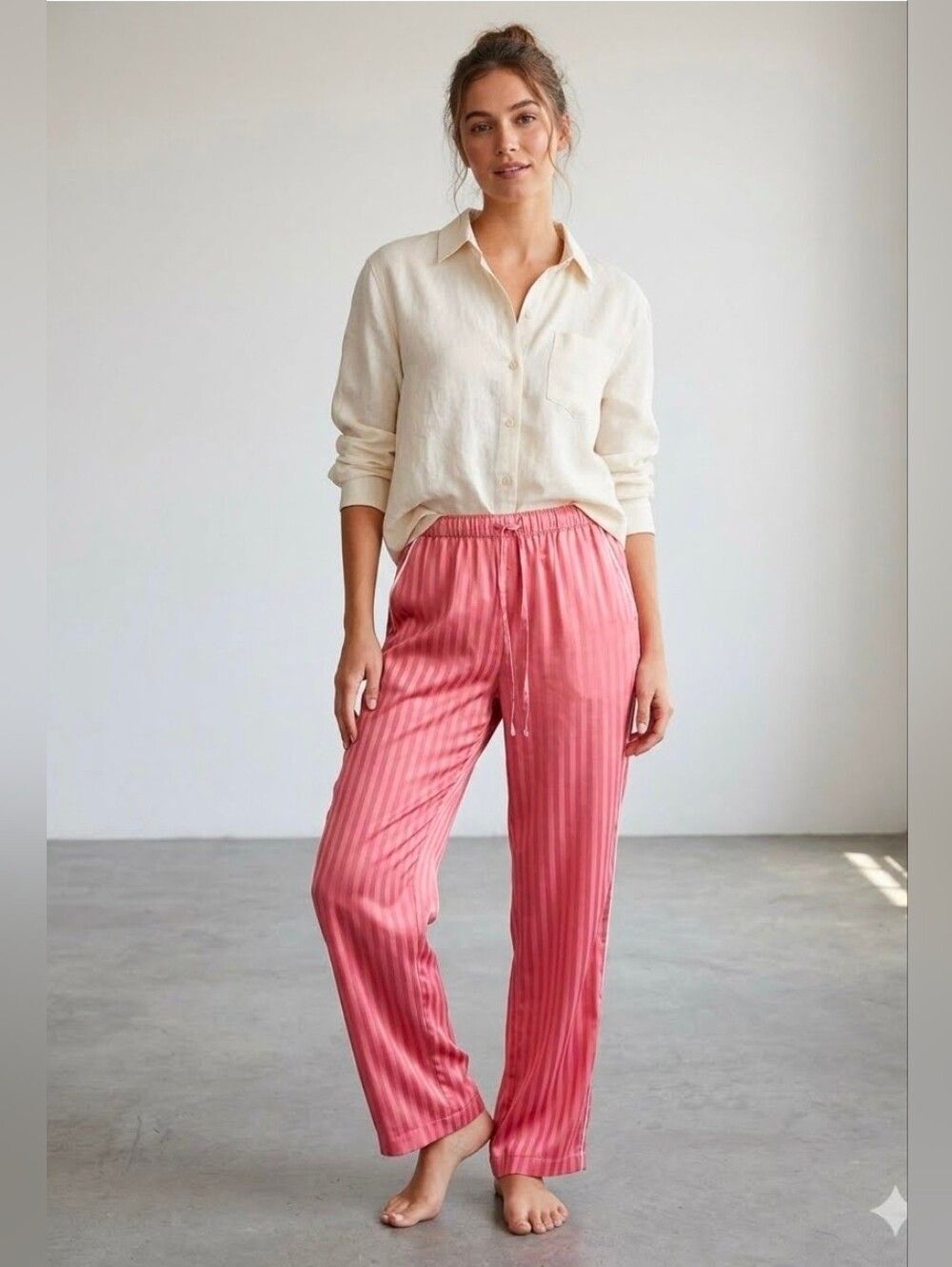 Auden Luxury Collection Pink Satin Shadow Striped Pajama Pants L